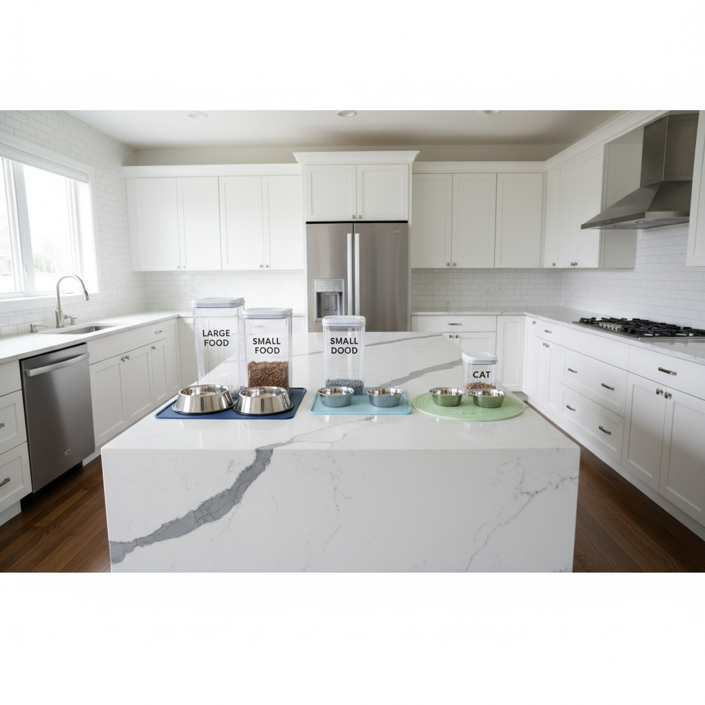 A spacious, tidy kitchen with a large island where three distinct pet feeding stations are arranged in a precise row: one for a large dog, one for a small dog, and one for a cat. Each station has matching stainless steel bowls on non-slip silicone mats, with labeled, airtight food containers aligned against the backsplash. Soft overcast daylight enters through a wide window, creating even, shadow-free illumination that highlights the clean surfaces and organized layout. Photographic realism, captured from a wide-angle, slightly elevated perspective, evoking a meticulous, professional approach to multi-pet care and feeding schedules.