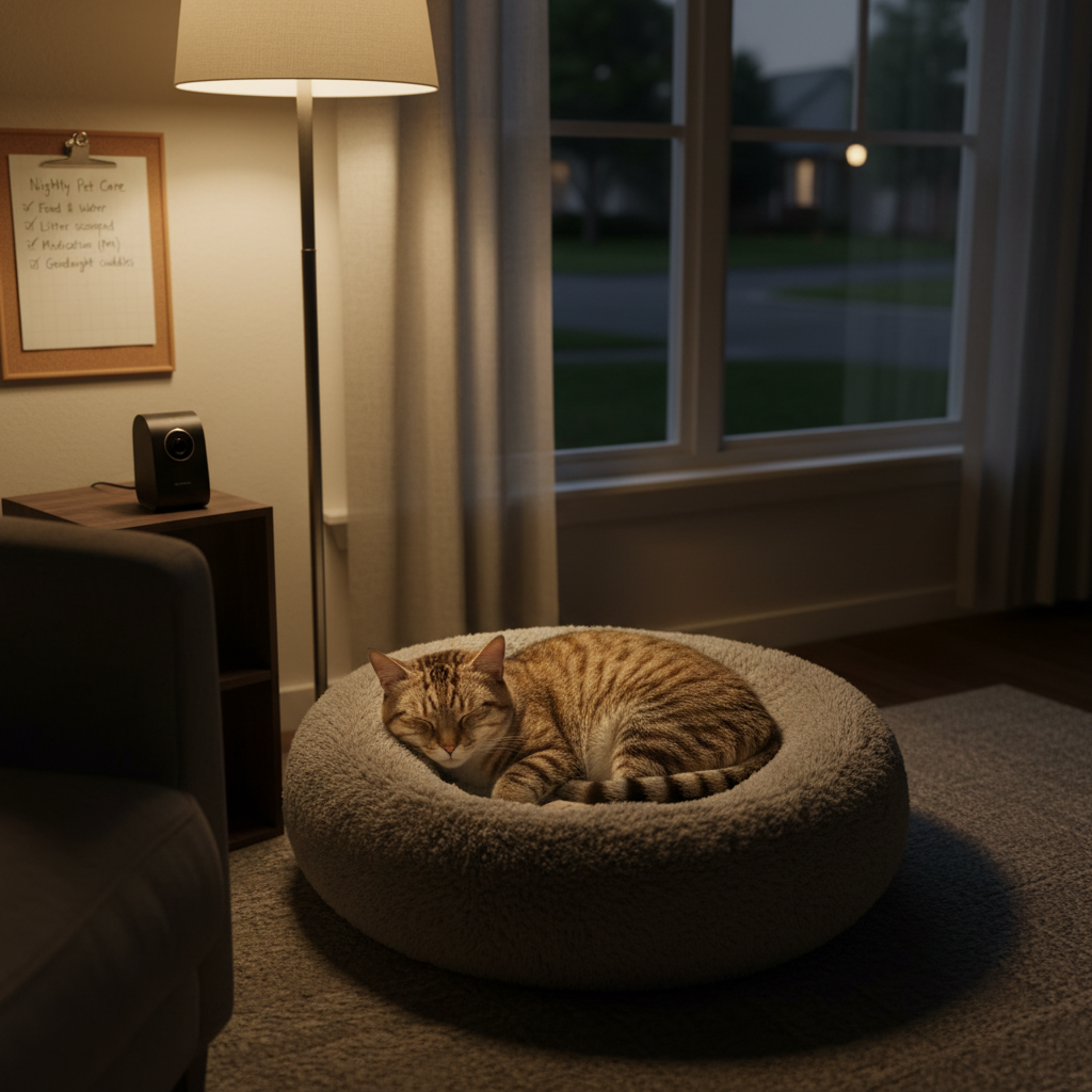 A cozy, dimly lit living room at night with a content tabby cat curled in a round, high-sided cat bed near a softly glowing floor lamp. Nearby, a digital pet camera sits discreetly on a shelf, and a written pet care checklist is clipped to a small corkboard on the wall. The window shows a dark, quiet street outside, reinforcing the sense of nighttime security. Warm, ambient lighting creates soft pools of light and subtle shadows, emphasizing comfort and safety. Photographic realism, shot from a slightly elevated angle, with selective focus on the cat and bed, evoking the reassurance of professional overnight pet sitting.
