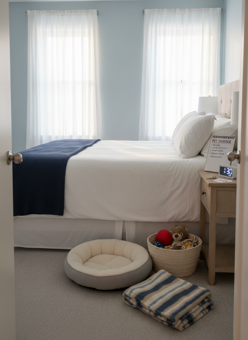 A neatly made guest bedroom prepared for an overnight pet sitter, featuring a crisp white duvet, a folded navy throw blanket, and a simple wooden nightstand. On the nightstand rest a detailed written pet schedule, labeled house keys, and a small digital clock. At the foot of the bed, a plush dog bed and a cozy cat blanket are carefully placed side by side, along with a basket of neatly arranged toys. Soft, diffused natural light filters through sheer curtains, creating a serene and organized atmosphere. Photographic realism, shot from the doorway with balanced composition, conveying professionalism and respect for clients’ homes.