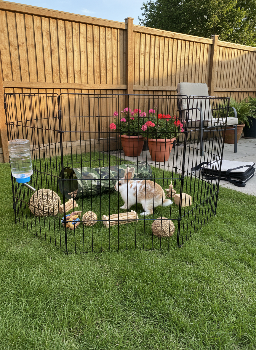 A sunlit backyard with a secure, tall wooden fence and a well-maintained lawn where a playful rabbit explores a spacious, portable exercise pen filled with chew toys, a small tunnel, and a sturdy water bottle. In the background, a tidy patio with potted plants and a neatly folded pet carrier suggests readiness and care. Late afternoon sunlight creates a warm, gentle glow, with soft shadows from the pen’s bars stretching across the grass. Photographic realism, shot at a low angle to be level with the rabbit, highlighting attentive, professional care for small animals beyond cats and dogs.