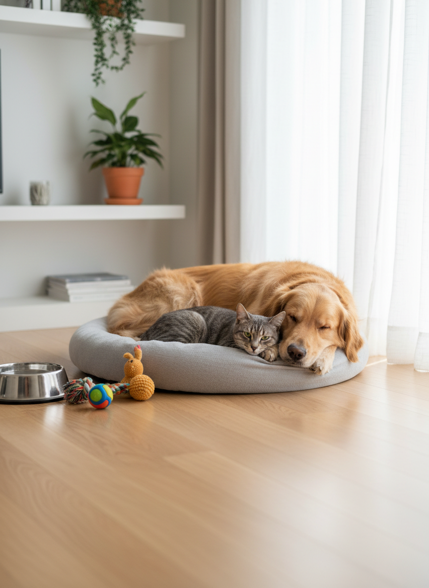 A well-groomed golden retriever and a sleek gray housecat resting together on a plush, light-gray pet bed in a tidy living room. Beside them, a stainless steel water bowl and neatly arranged toys suggest attentive care. Soft afternoon sunlight filters through a nearby window with sheer white curtains, casting gentle shadows on the hardwood floor and highlighting the pets’ glossy coats. Photographic realism with a clean, modern aesthetic, shot at eye level with a shallow depth of field that blurs the background bookshelf and indoor plants. The mood is calm, professional, and reassuring, conveying reliability and comfort ideal for a premium pet sitting service homepage hero image.