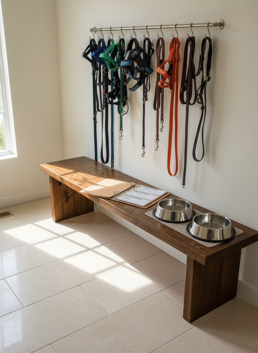 A bright, organized entryway with a sturdy wooden bench and a neat row of color-coordinated dog leashes and harnesses hanging on brushed metal hooks along the wall. On the bench sits an open pet care folder with clearly labeled tabs, next to a pair of neatly lined-up stainless steel food and water bowls. Morning light streams in from a side window, creating crisp, natural highlights on the polished floor tiles. Photographic realism, captured from a slightly elevated angle with sharp focus throughout, emphasizing orderliness and attention to detail. The atmosphere feels professional yet warm, reflecting a trustworthy, well-prepared pet sitting operation.
