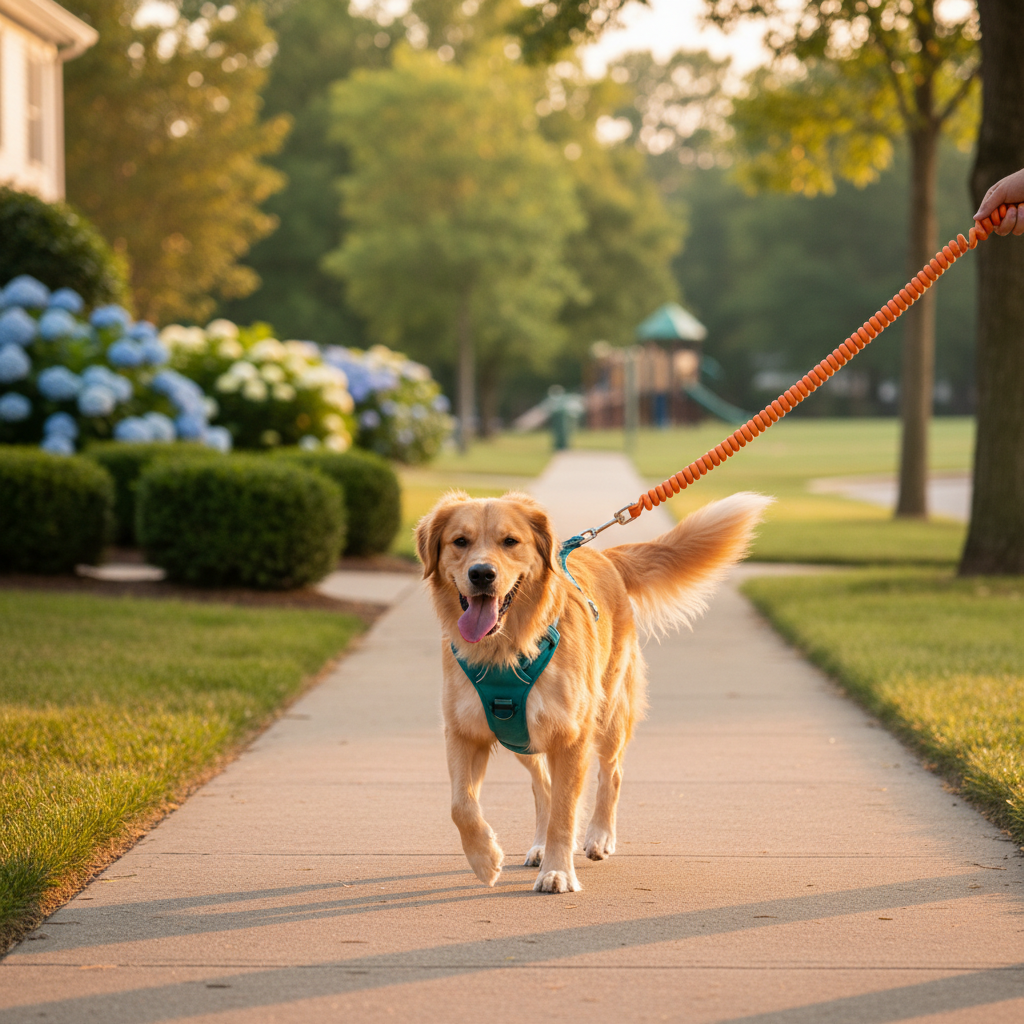 A cheerful medium-sized dog trotting along a quiet suburban sidewalk, secured with a well-fitted harness and bright, sturdy leash. The dog’s fur is detailed and slightly ruffled by a gentle breeze, tongue out and tail wagging. The background shows neatly kept front yards, trimmed hedges, and a distant park, softly blurred to keep focus on the dog. Golden hour sunlight bathes the scene, producing warm tones and long, gentle shadows along the pavement. Photographic realism with an eye-level composition and moderate depth of field, creating an energetic yet controlled mood that highlights professional dog walking services.
